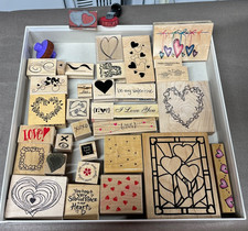 Lot of 35 Misc Wood Mounted Rubber Stamps Hearts Valentines Day Love Flowers