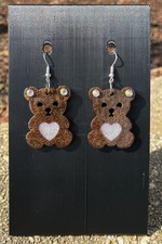 Handcrafted Brown White Bear Heart Resin Dangle Drop Earrings Hook Style
