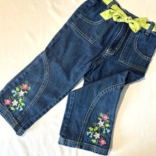 Vintage B.T. Kids Flower Embroidered Denim Jeans w/ Green Fabric Belt Sz 5T