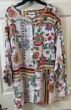 H Halston 100% Linen Tunic 1X Colorful Floral Artsy Long Slv Roll Tab Wmns EUC