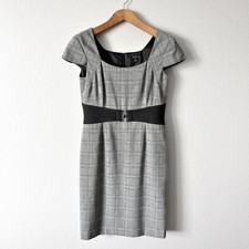 Tahari ASL Gray Plaid Sheath Belted Cinched Waist Dress Women's Size 8 Petite