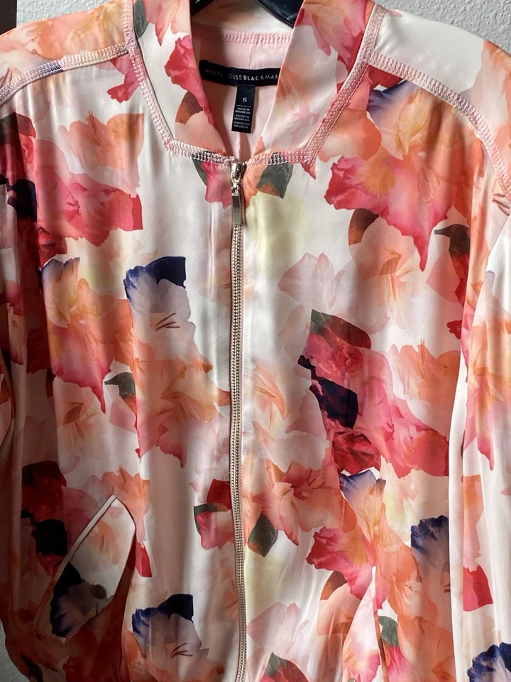 White House Black Market Bomber Jacket Size Sm Floral Front Zip Long Sleeve - Изображение 2 из 4