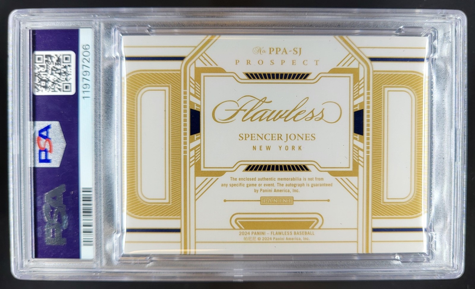 2024 Panini Flawless Spencer Jones Prospect Patch Auto Emerald /5 PSA 9 BH5 view 2