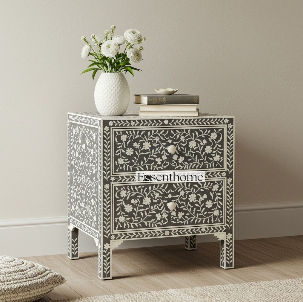Handmade Bone Inlay Floral 2-Drawer Chest in Grey or Black & White