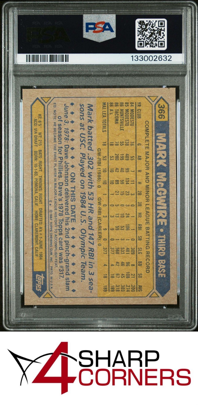 1987 TOPPS #366 MARK McGWIRE ATHLETICS PSA 10 view 2