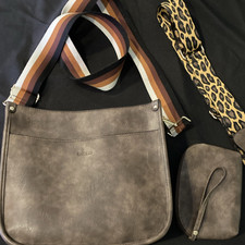 Brown Shoulder Bag with Striped & Leopard Detachable Straps, Matching Pouch
