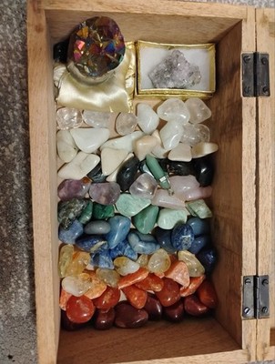Large Crystal Lot ~100 Stones w/ Wooden Box Selenite Aura Quartz Amethyst