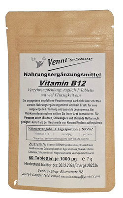 Vitamin B12, 1000 µg, Methylcobalamin, 60 Tabletten, vegan, vennis-shop