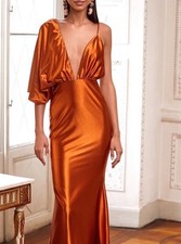 Alamour The label Dress Rust One Shoulder Evening Gown With Deep V Neck Size M