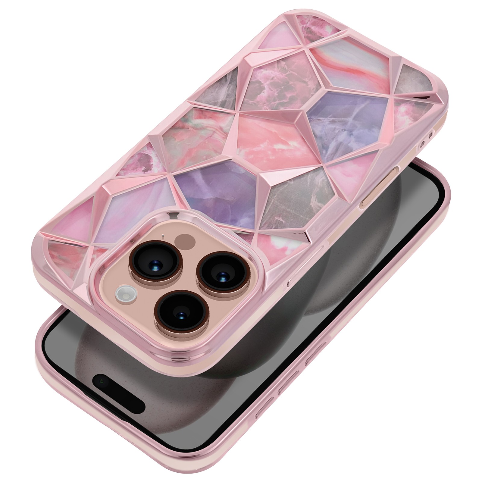 Coque de luxe iPhone 16 Pro Avizar MarbleCraft rigide rose champagne