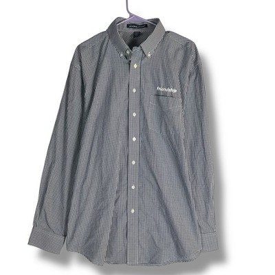 Devon & Jones Shirt Mens XL X Large Blue White Gingham Plaid Longsleeve Button