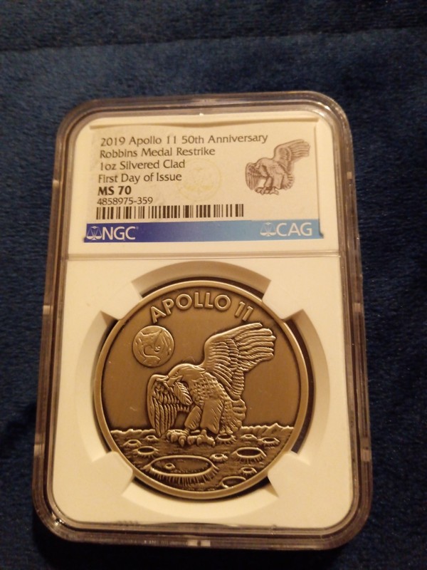 2019 Apollo 11 50th Anniversary 1oz Silvered Clad Robbins Medal Restrike NGC UNC