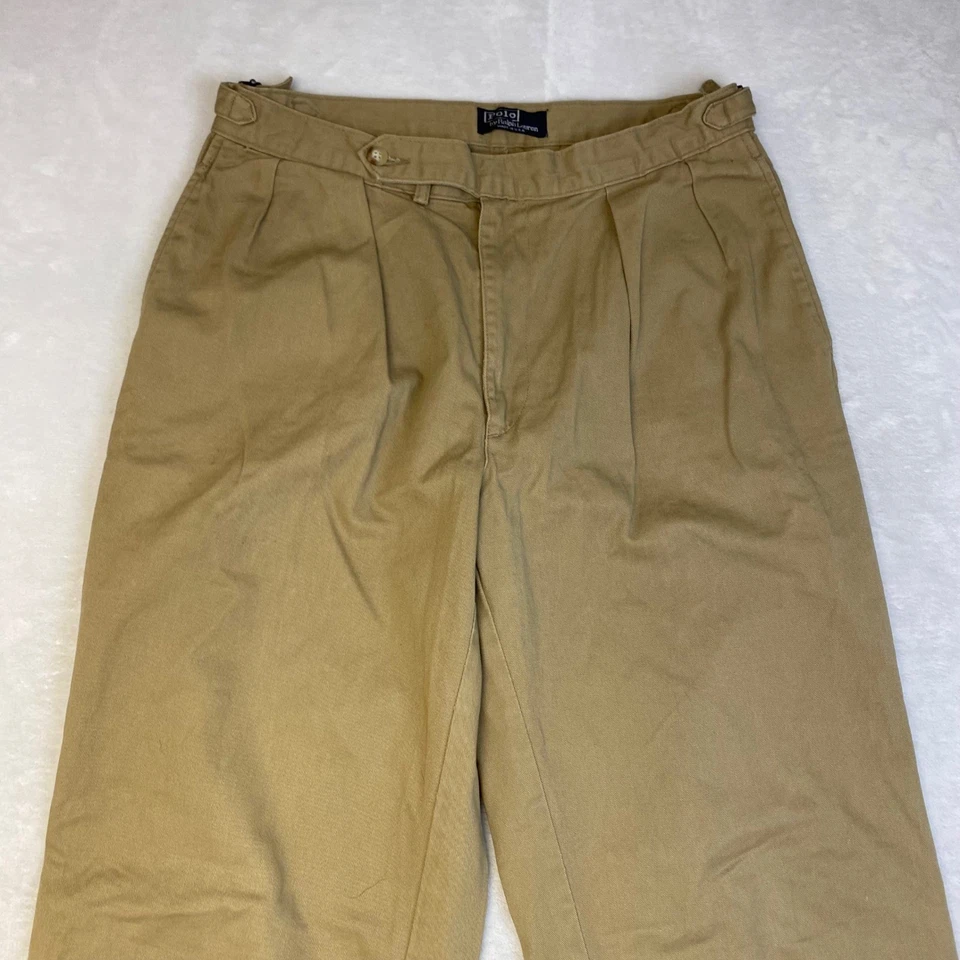 Pantalones chinos plisados tostados para hombre Polo Ralph Lauren hechos en EE. UU. W32 L36 (32x34) Foto 2 de 4