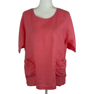 ALI MILES Top Size L 100% Linen Short Sleeve Pockets Lagenlook Artsy Coral Orang