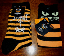 2 NEW NWT HALLOWEEN SOCKS women 4-10 shoe size STRIPES SPIDER BLACK CAT CREW NIC