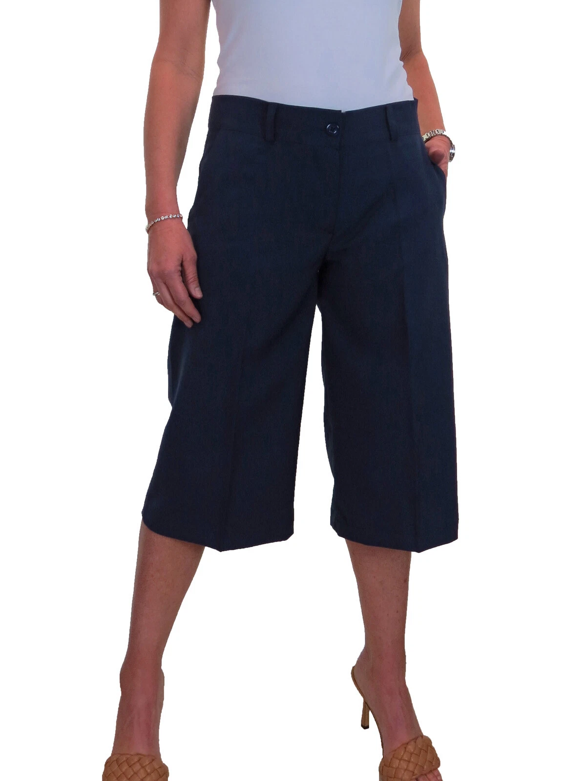 Ladies Smart Soft Culottes 3/4 Cropped Long Tailored Shorts Navy Blue 8-22