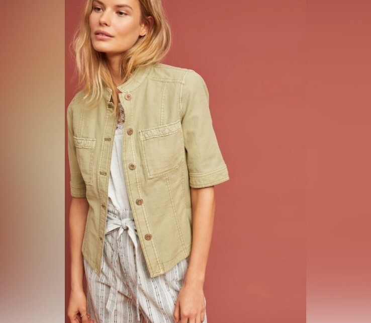 Anthropologie Summertime Khaki Army Green Cargo Style Short Sleeve