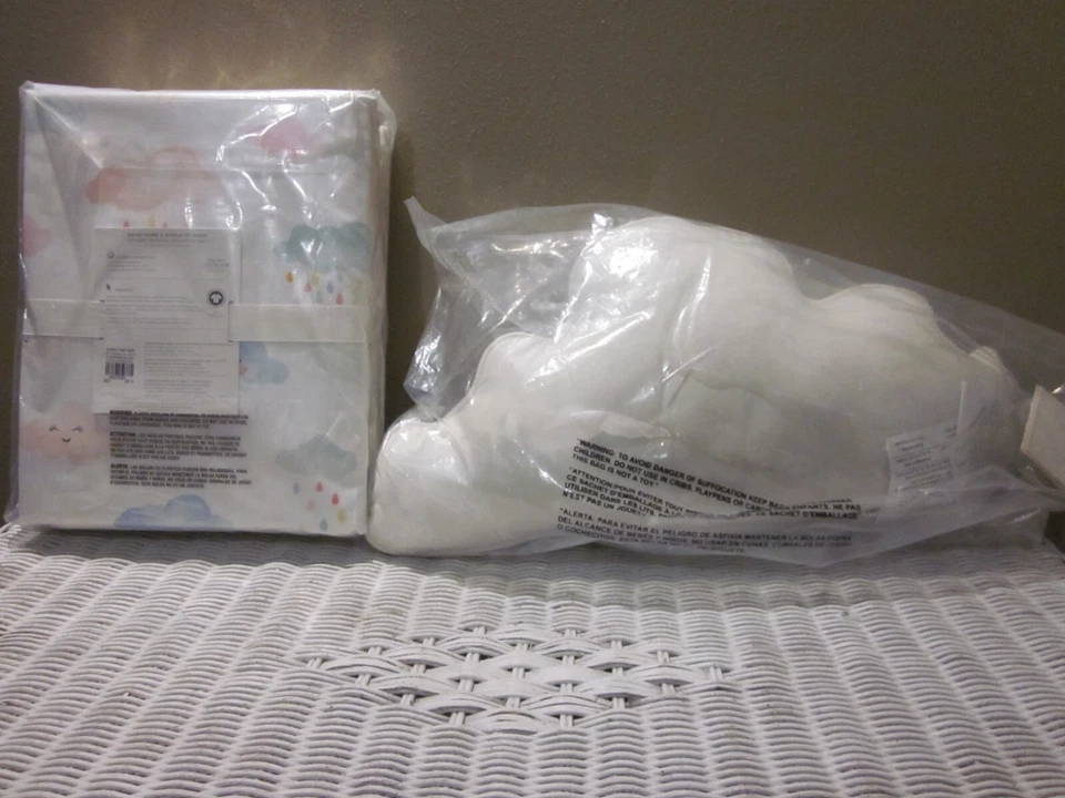 Pottery Barn Kid Rainbow Shower Cloud &Qn Sheet Embroidered Smiling Cloud Pillow - Image 2 of 4