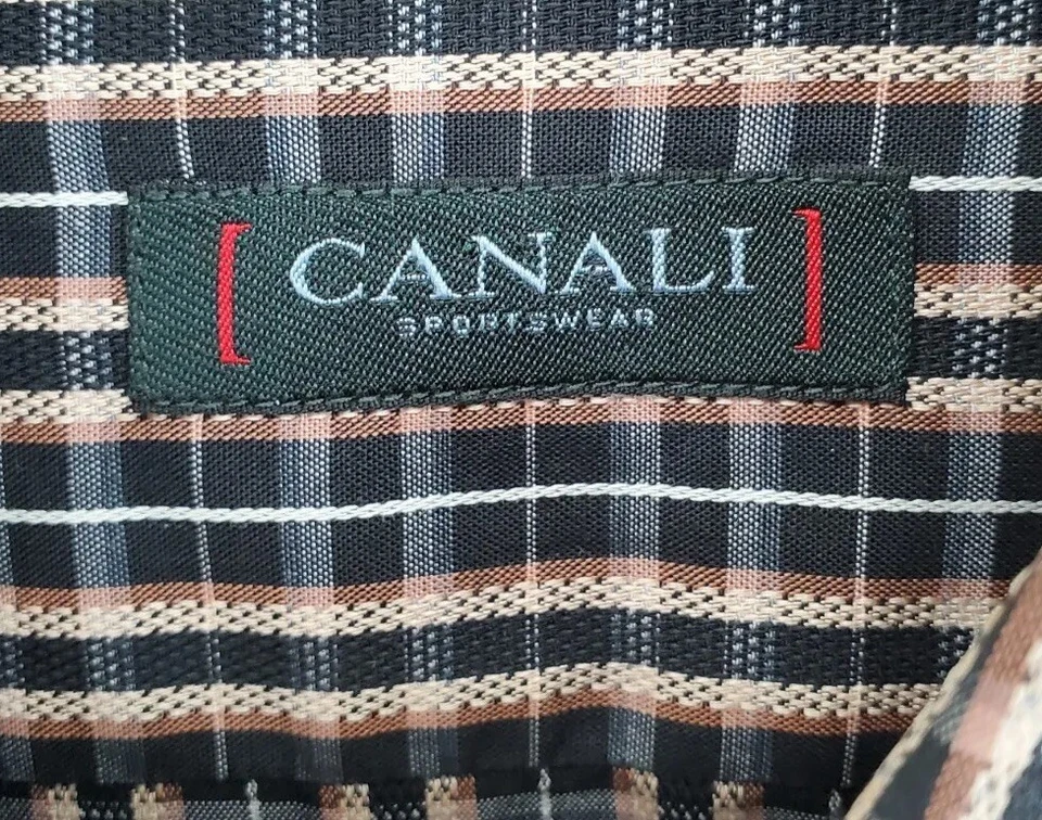 Camisa de vestir Canali para hombre 42 negra marrón blanca tostada rayas abotonadas manga larga LEER Foto 2 de 4