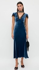 BNWT Rixo Clarice Nightwear Blue Velvet Lace Rose Dress Size L