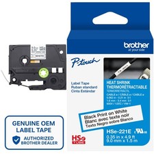 Genuine Brother HSe-221E Black on White 3:1 Heat Shrink Tube 0.35" AWG 10-22 