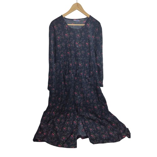 Abito midi vintage Erika & Co Dark Academia floreale velluto a coste bottoni davanti M-L