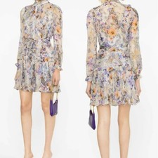 NEW Zimmermann Tama Ruffled Details Floral Print Mini Dress Purple Size: 2
