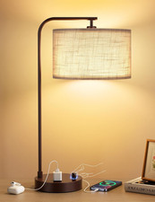 Grey Tall Lamp for Bedroom with USB Port and Outlet, Dimmable Nightstand Bedside