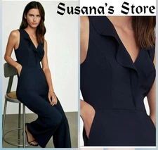NWT BCBG MAXAZRIA SIZE 4 NAVY RUFFLE V-NECK WIDE LEG JUMPSUIT $298