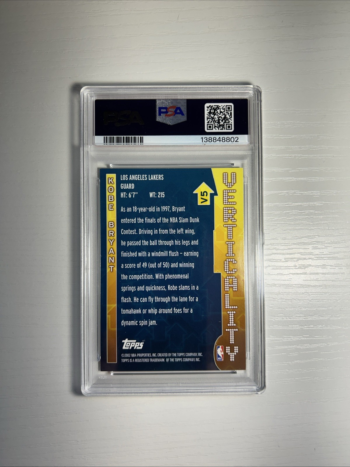 2002 Topps Verticality #V5 Kobe Bryant PSA Mint 9 RARE view 4