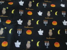 Halloween Black Fabric with Owl, Moon, Ghost, Pumpkins, Candle Print, 44" x 1 yd