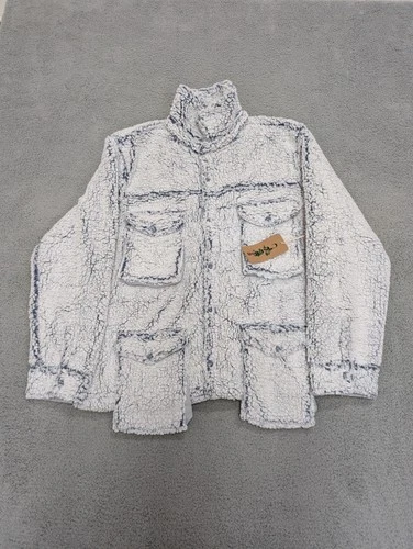 C'est Bon Sherpa Jacket Mens Medium White Blue Fleece Four Pocket Button Up Cozy - product listing photo