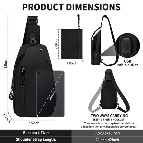 Waterproof Sling Backpack for Men & Women, Small Crossbody Bag with USB Charg... - Picture 2 of 9