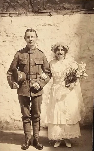 Antique 1915 WWI British Army Wedding Real Photo Postcard Soldier in Uniform.
