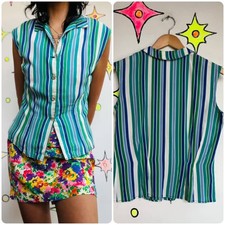 Vintage 40s 50s Colorful Striped Retro Pin Up Whimsy Grunge Crop Top Blouse M