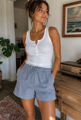 Vintage 1970s KiKomo Striped Shorts Small Blue White Cotton Drawstring Retro