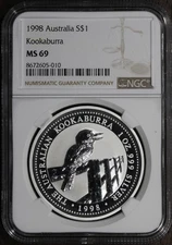 1998 (MS69) 1 oz Silver Australia Kookaburra $1 NGC