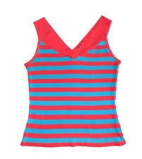 EUC WOMENS L MIXIT HOT CORAL & TURQUOISE STRIPED DOUBLE V TANK TOP