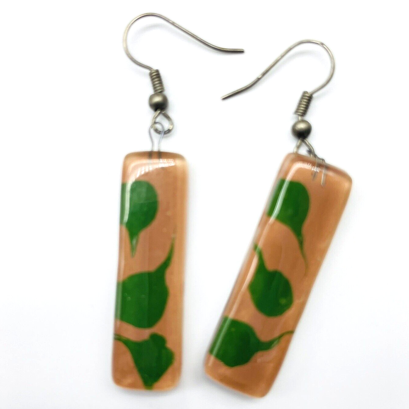 Vintage Art Glass Rectangular Dangle Earrings Pea… - image 2