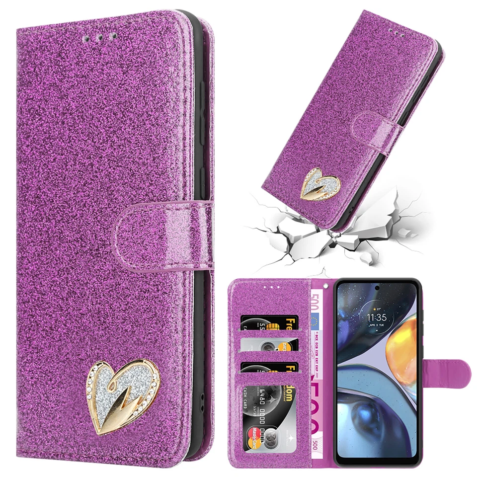 For Motorola G22 Phone Case Shiny Glitter Flip Wallet Cover for G22 Power Phone - Image 3 of 4