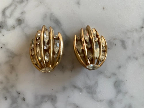 Vintage Jewelry - goldtone rhinestone earrings clip - - Crown Trifari