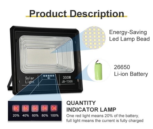 Faro LED Solare Per Esterni con Pannello Solare Indicatore Carica 100W 200W 300W - Foto 4 di 17