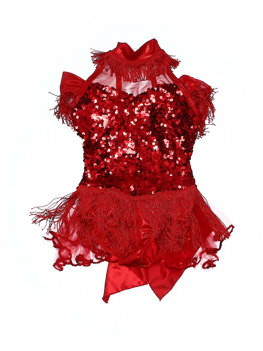 red sequin dress dance costume MSemis Women Sparkle Sequins Leotard Tassel Dress Dance Costume Red XL