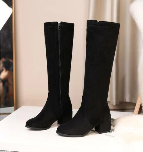 Mujeres Moda Elástico Hasta la Rodilla Bota de Montar Cremallera Lateral Zapatos Imitación Gamuza Tacón Bloque - Imagen 11 de 15