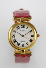 Image of Fossil Unisex Watch Leather Pink Stainless Steel Gold Water Resist White Quartz