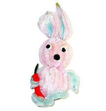 Vintage PINK Chenille EASTER Basket BUNNY Rabbit with Carrot MAGNET Decoration