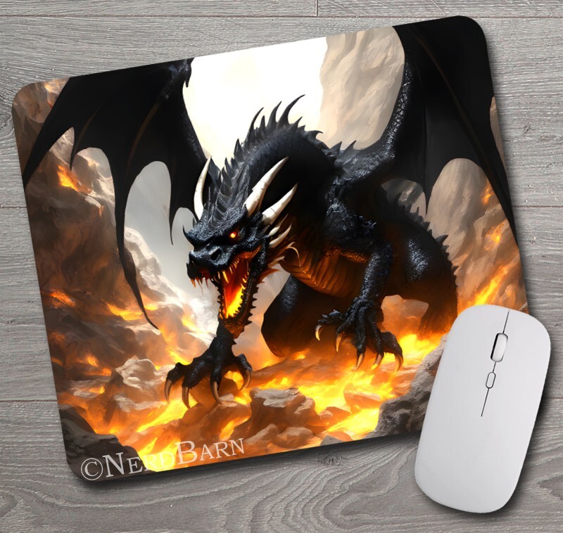 BLACK DRAGON & FIRE Mousepad / Mouse pad Fantasy Art Dungeons