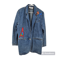 Vtg Jordache Denim Blazer Jacket Blue Womens Diy Colorful Hand Painted Size S