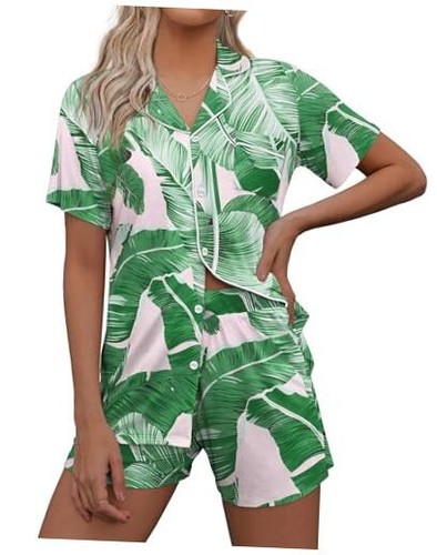 Pajamas Set for Women Short Sleeve Sleepwear Summer Button Medium Pink Leaves