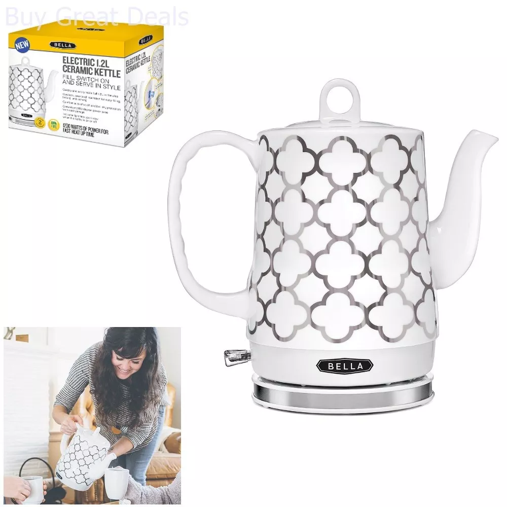 Bella Electric Ceramic Kettle White Silver Tea Pot Teapot Handle 1.2L New